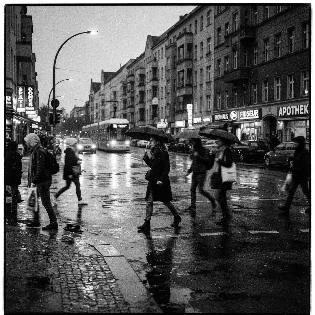Wet pavement in Neukölln at night, pedestrians crossing in rain, reflections fracturing the streetlight