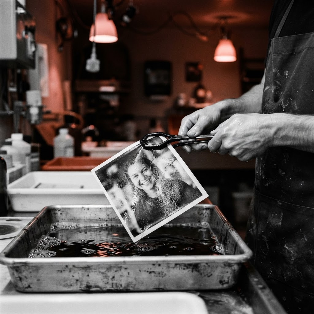 Hands holding a freshly developed 8×10 print with developer tongs over a tray