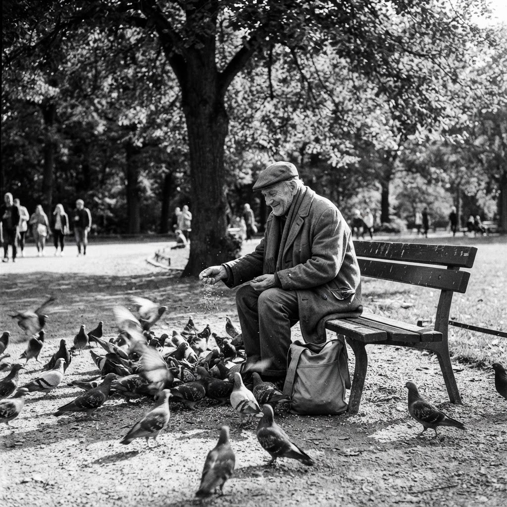 Elderly man feeding pigeons in a Berlin park, dappled light filtering through autumn trees