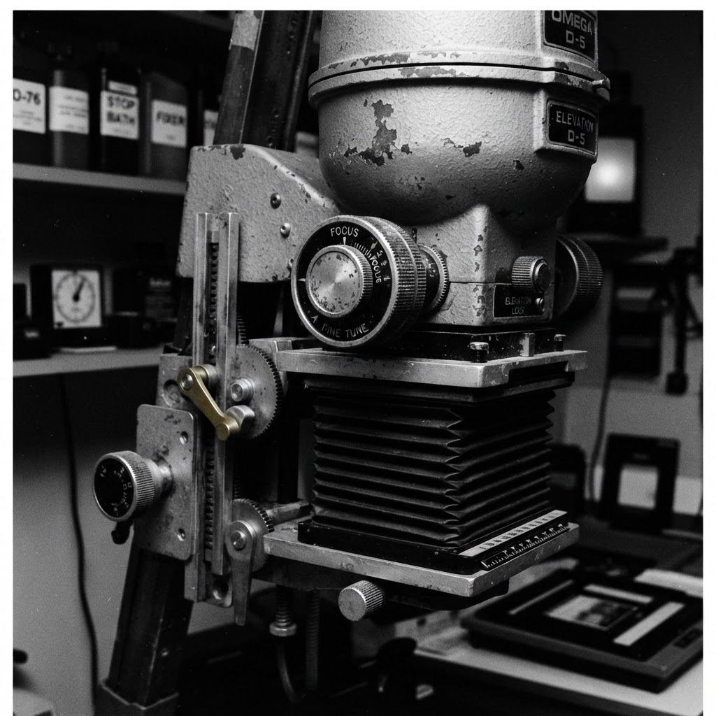 Close-up of a Durst M605 enlarger bellows and lens stage, industrial mechanical detail
