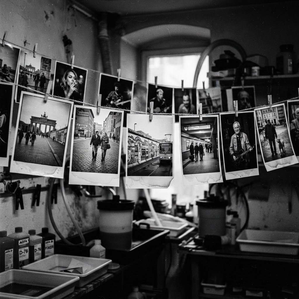 Row of finished gelatin silver prints hanging to dry on a wire in the darkroom