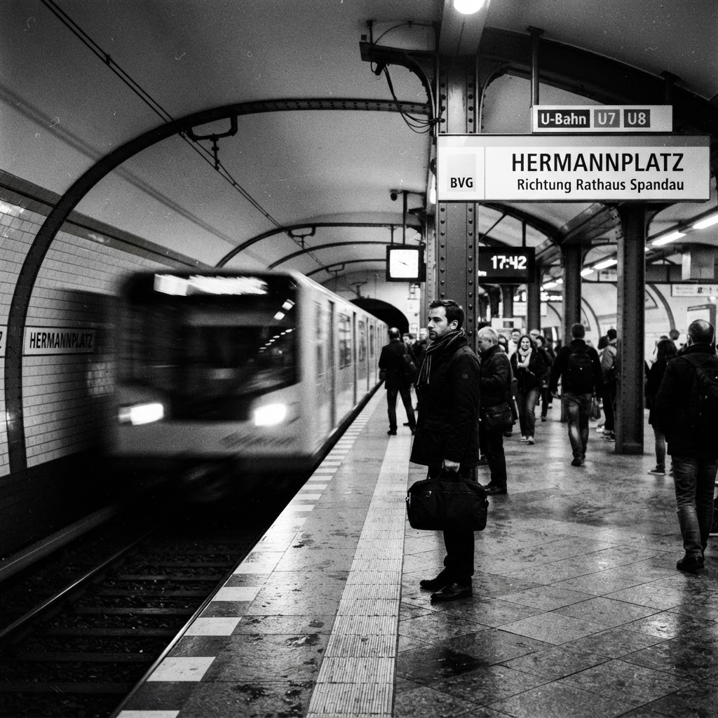 Berlin U-Bahn platform with motion-blurred train arriving, strong architectural lines