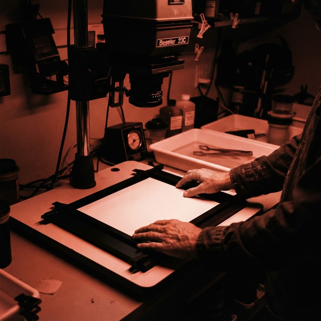 Hands placing photographic paper under an enlarger in the Halide House darkroom, bathed in amber safelight