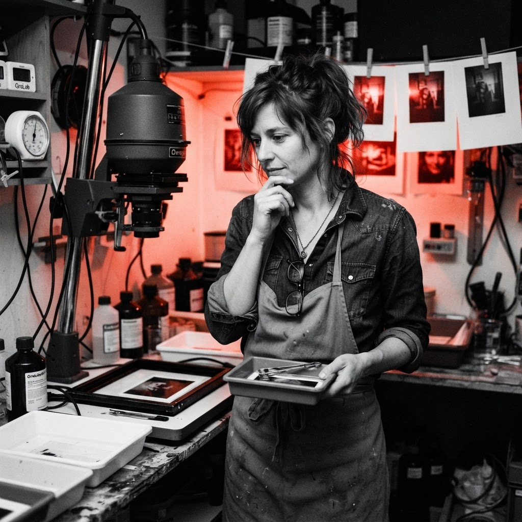 Mara Klein, lead instructor at Halide House, standing next to an enlarger in the darkroom